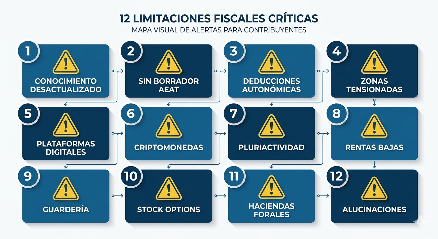 Mapa visual de los 12 errores técnicos de ChatGPT en la declaración de la Renta española 2026, con impacto económico de cada uno