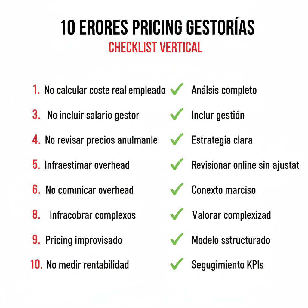 Checklist visual 10 errores pricing gestorías con iconos: no calcular coste real empleado, no incluir salario gestor, descuentos sin criterio, no revisar precios anualmente, infraestimar overhead, comparar con online sin ajustar, diseño infografía profesional