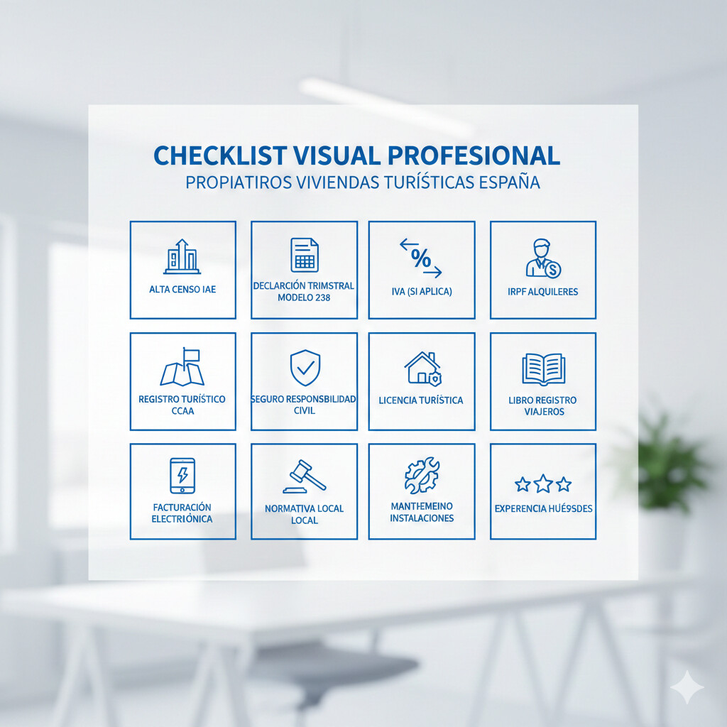 Checklist visual 10 pasos verificables para cumplir compliance fiscal Hacienda 2025 viviendas turísticas Airbnb Booking, formato lista numerada con checkboxes marcados