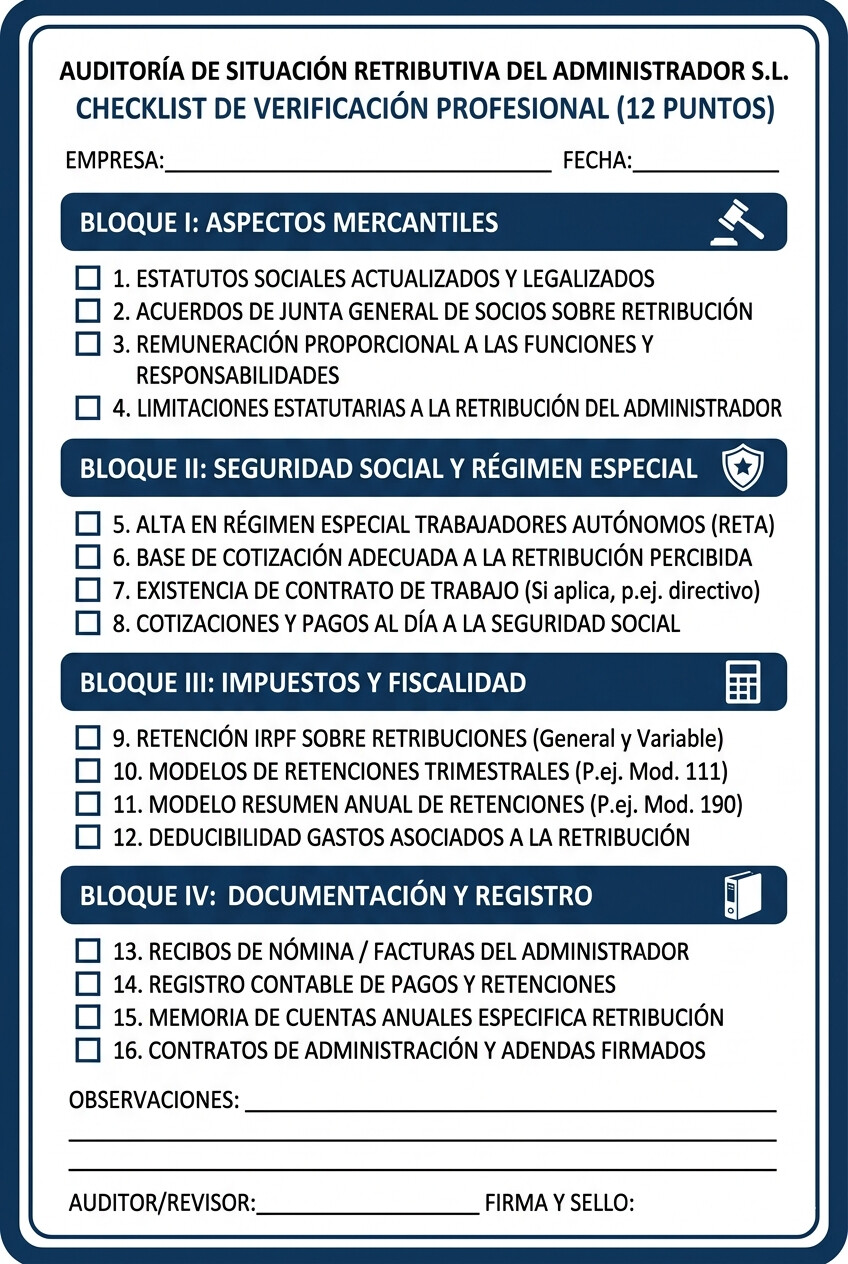 Lista de verificación visual con 12 puntos para auditar la retribución del administrador en clientes con SL, diseñada para gestorías y asesores fiscales