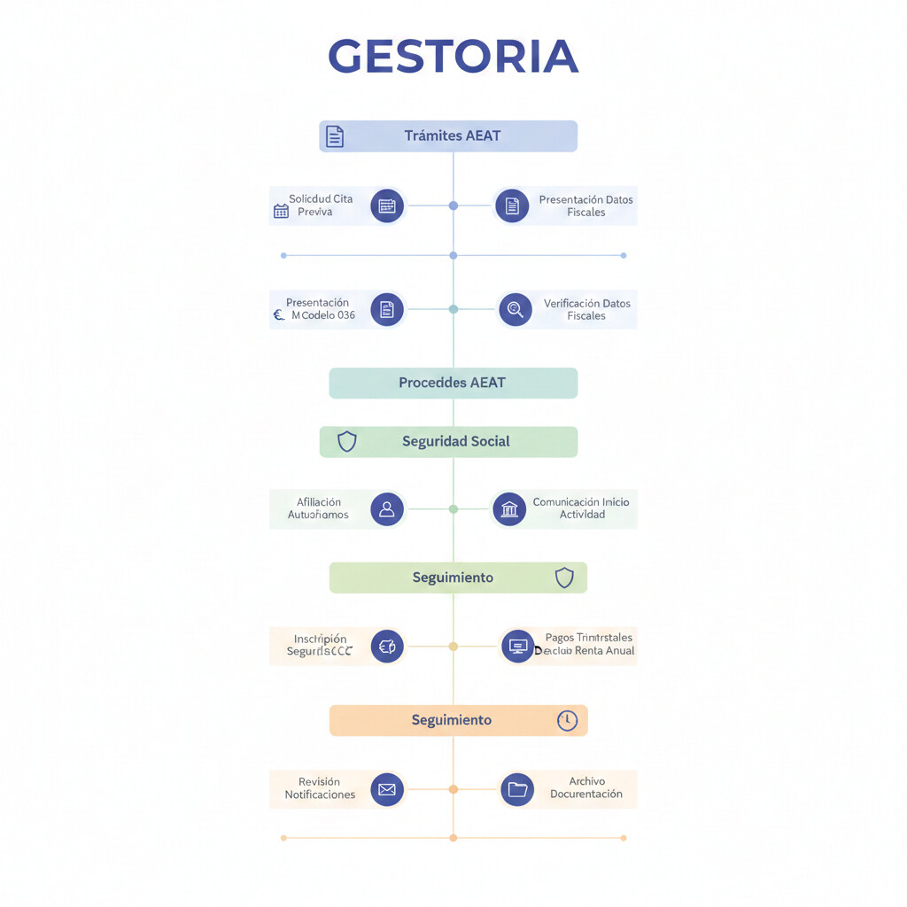 Checklist visual de 15 pasos para dar de baja un rider autónomo: modelo 036, RETA, últimos modelos 303 y 130, regularización Seguridad Social y seguimiento posterior