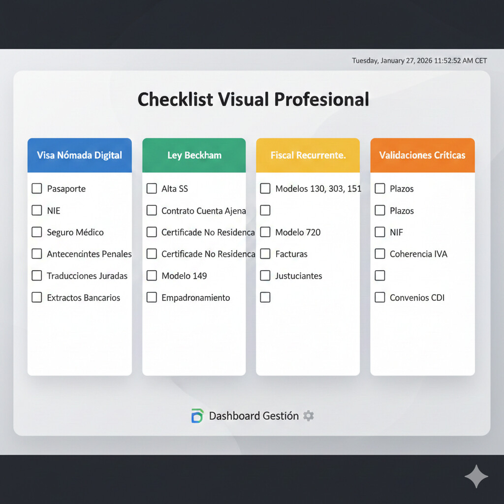 Checklist completo documentación visa nómada digital y ley beckham para gestorías: 30 items organizados por categorías pasaporte, NIE, seguro médico, antecedentes penales, contratos, modelo 149, fiscal
