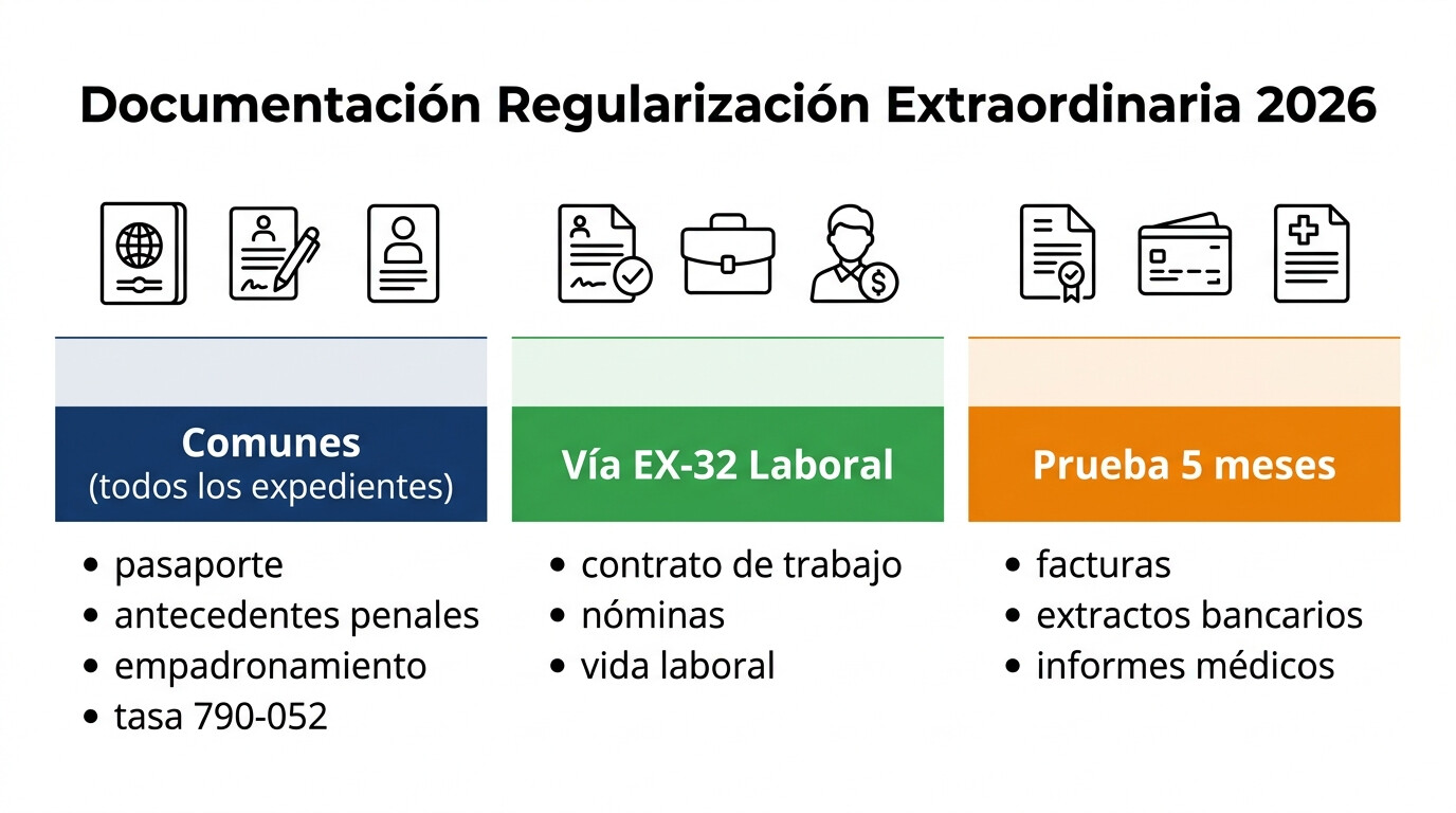 Infografía con los 22 documentos necesarios para tramitar la regularización extraordinaria de migrantes 2026 organizada por categorías
