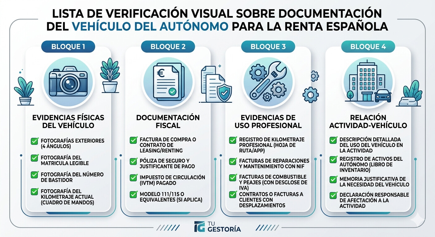 Lista de verificación de documentación del vehículo del autónomo para la campaña Renta 2025 — fotografías, facturas, libro de bienes y contrato de rotulación