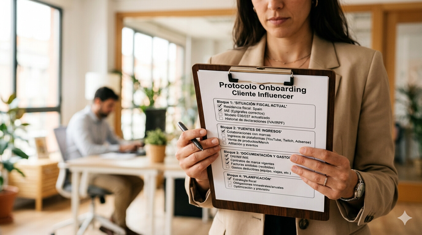 Lista de verificación onboarding influencer para gestorías: 20 puntos para el primer mes, documentación fiscal, modelos pendientes, situación IRPF IVA y RETA