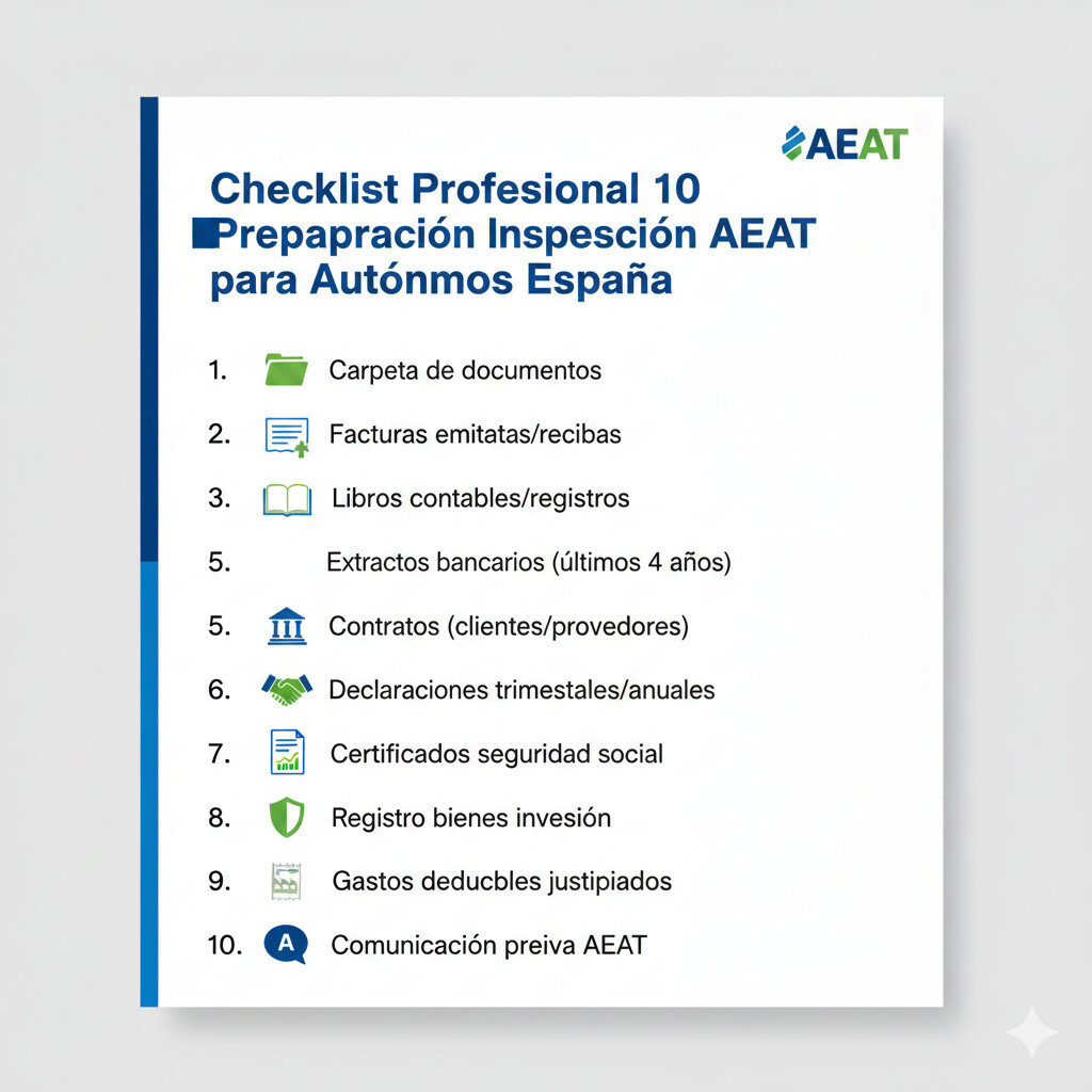 Checklist visual completa de verificación pre-inspección AEAT mostrando 10 puntos críticos: facturas completas con NIF, libros registro actualizados, modelo 036/037 presentado, justificantes pago electrónico dietas, contratos archivados, evidencias uso profesional vehículo/móvil, cálculos proporcionales vivienda documentados, declaraciones trimestrales coherentes, retención documentos 4 años, y organización digital con backup