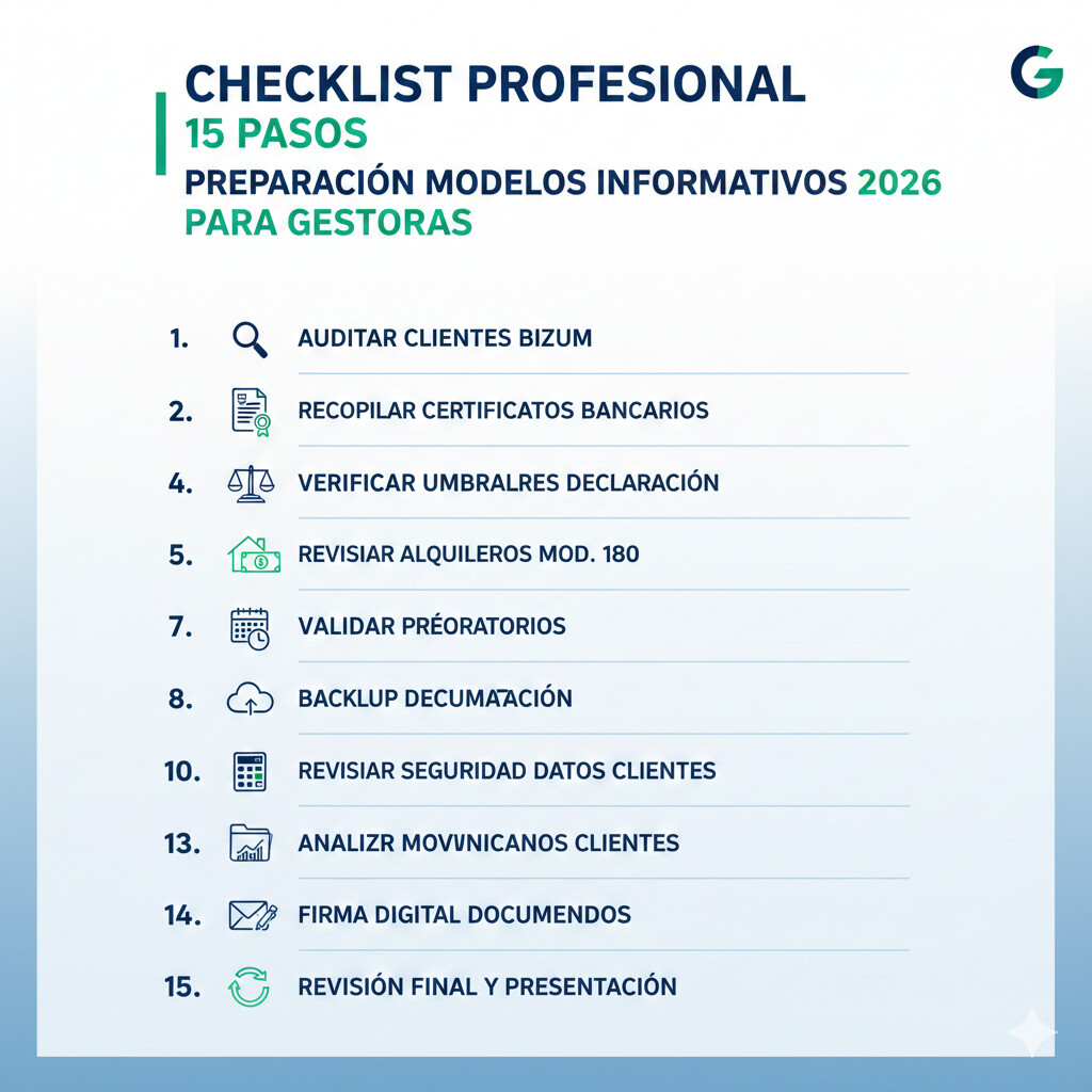 Checklist visual preparación modelos informativos 2026 con 15 pasos organizados en 4 fases para gestorías españolas