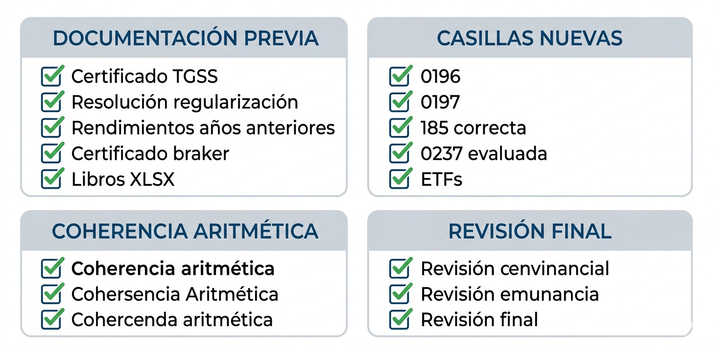Checklist visual de 15 puntos de verificación para la presentación de la declaración de la renta 2026 de clientes autónomos: documentación RETA, libros de ingresos y gastos, certificados ETF, conciliación de casillas y coherencia de datos