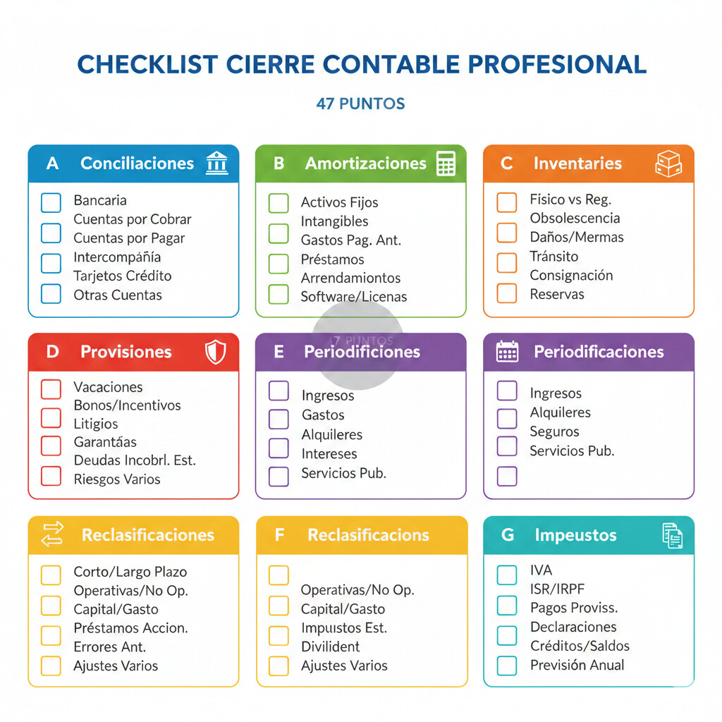 Infografía visual del checklist de 47 puntos para el cierre contable agrupados en 7 áreas con códigos de colores: Conciliaciones, Amortizaciones, Inventarios, Provisiones, Periodificaciones, Reclasificaciones e Impuestos
