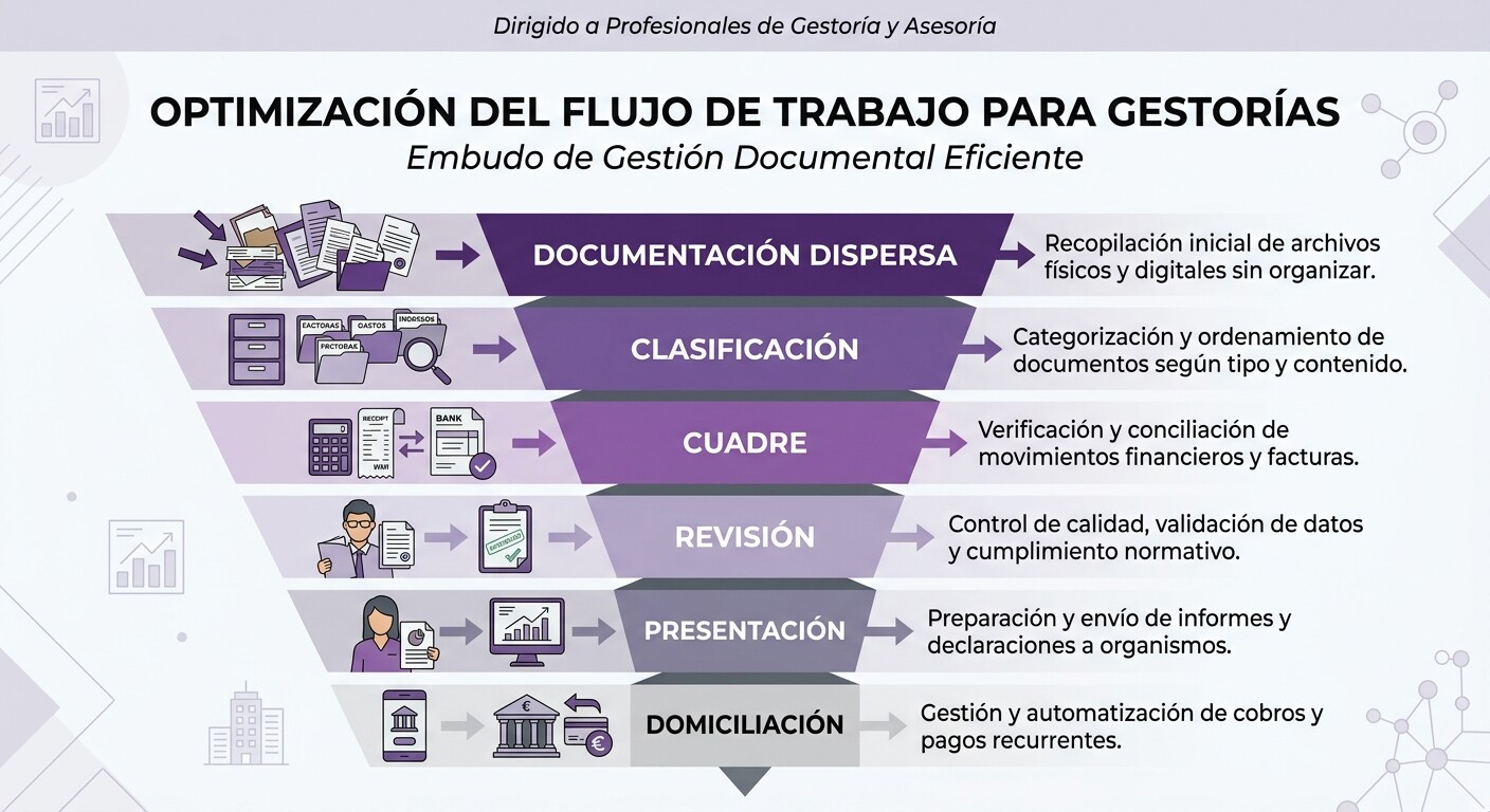 Diagrama de los cuellos de botella reales en el cierre trimestral de una cartera de 50 clientes en una gestoría