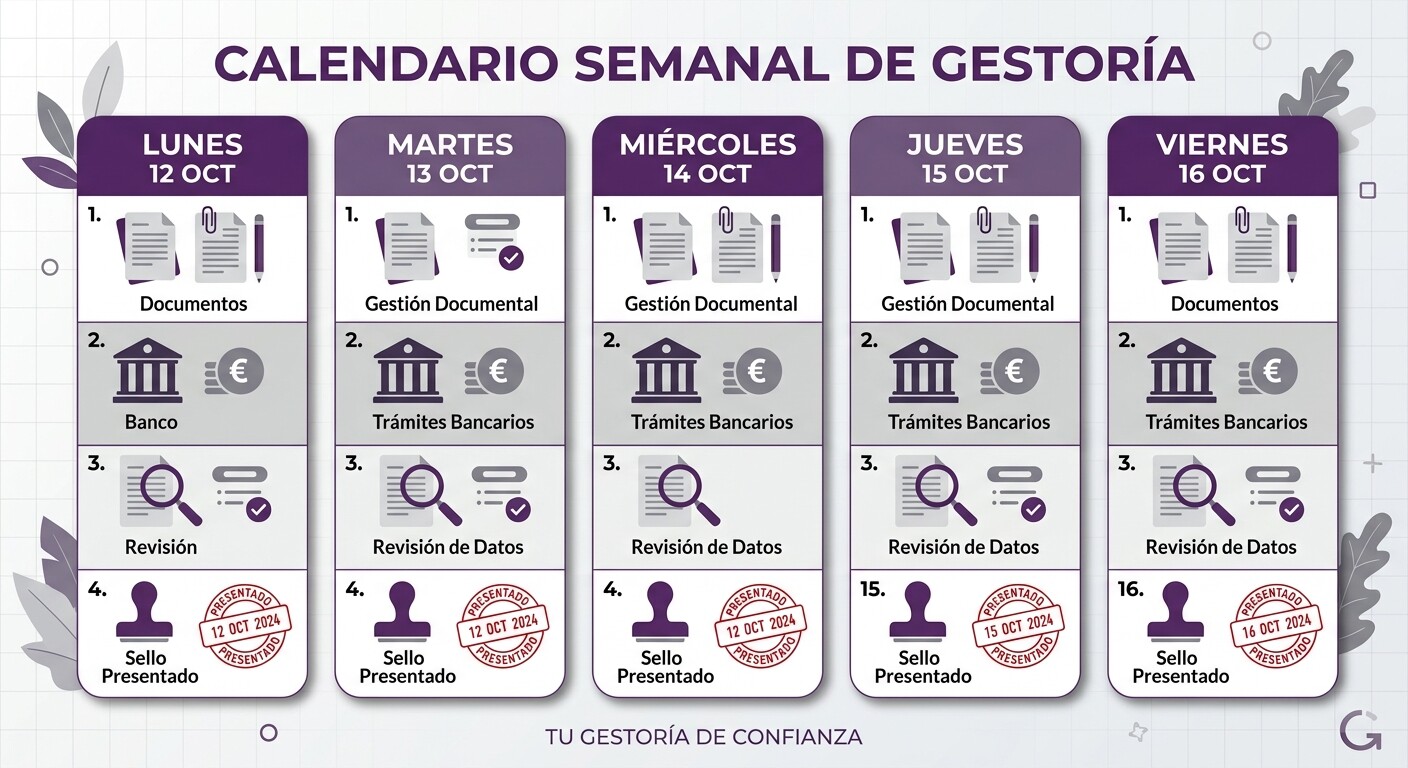 Calendario semanal de lunes a viernes con las tareas del cierre trimestral de una cartera de 50 clientes en una gestoría