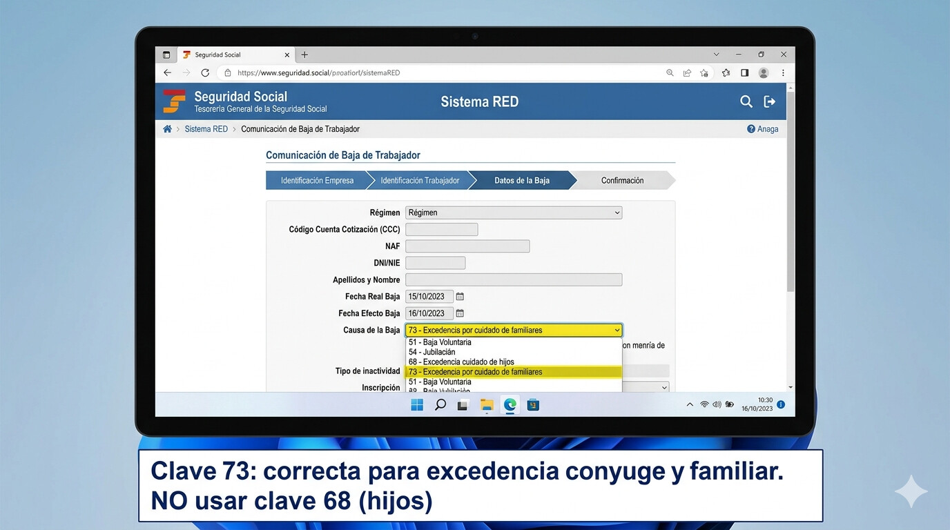 Pantalla del Sistema RED de la Seguridad Social mostrando la clave 73 de excedencia por cuidado de familiares