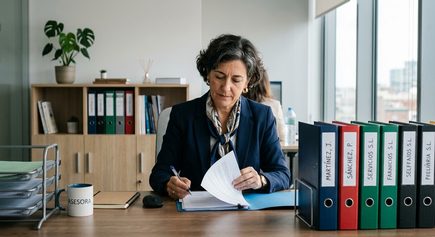 Fotografía de una asesora fiscal revisando varias carpetas de clientes organizadas sobre su mesa de trabajo