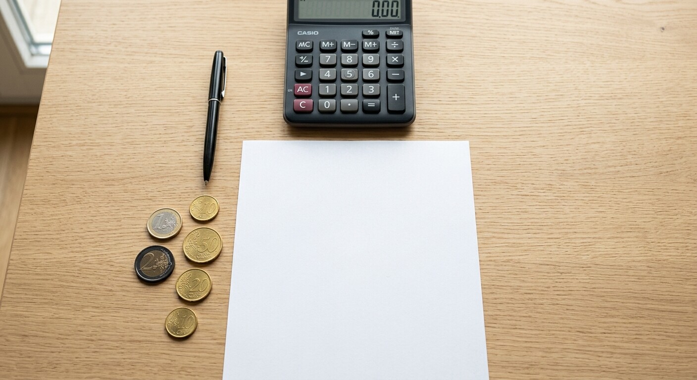 Fotografía cenital de una calculadora, monedas de euro y una factura en papel sobre una mesa de oficina