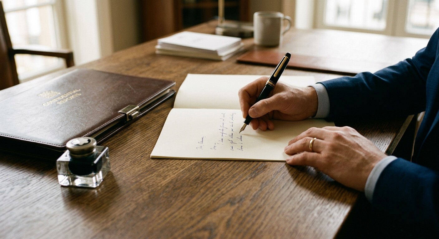 Fotografía de unas manos escribiendo una carta formal sobre un escritorio, junto a una pluma estilográfica y una carpeta de documentos