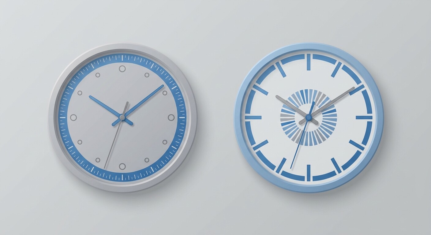 Ilustración de dos relojes de diseño distinto colocados uno junto al otro, representando dos formas diferentes de medir el mismo plazo de pago