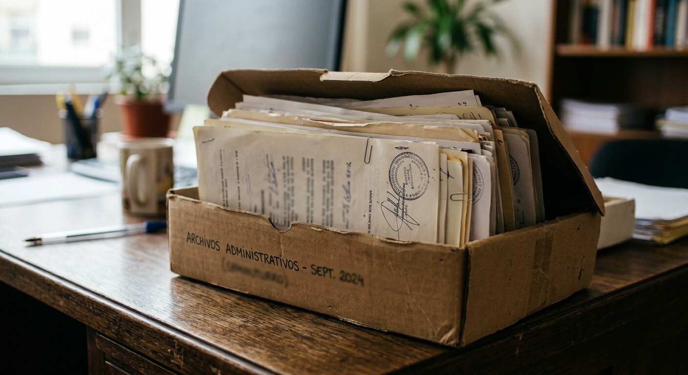 Fotografía de una carpeta de documentos administrativos con sellos y grapas sobre un escritorio de madera