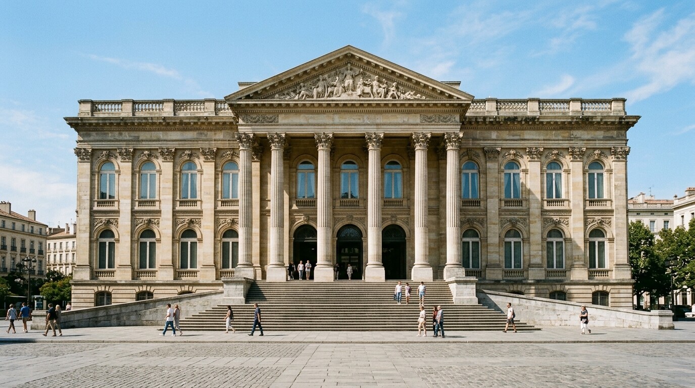 Fotografía de la fachada de un edificio institucional público con columnas clásicas, sin ningún rótulo ni bandera identificativa
