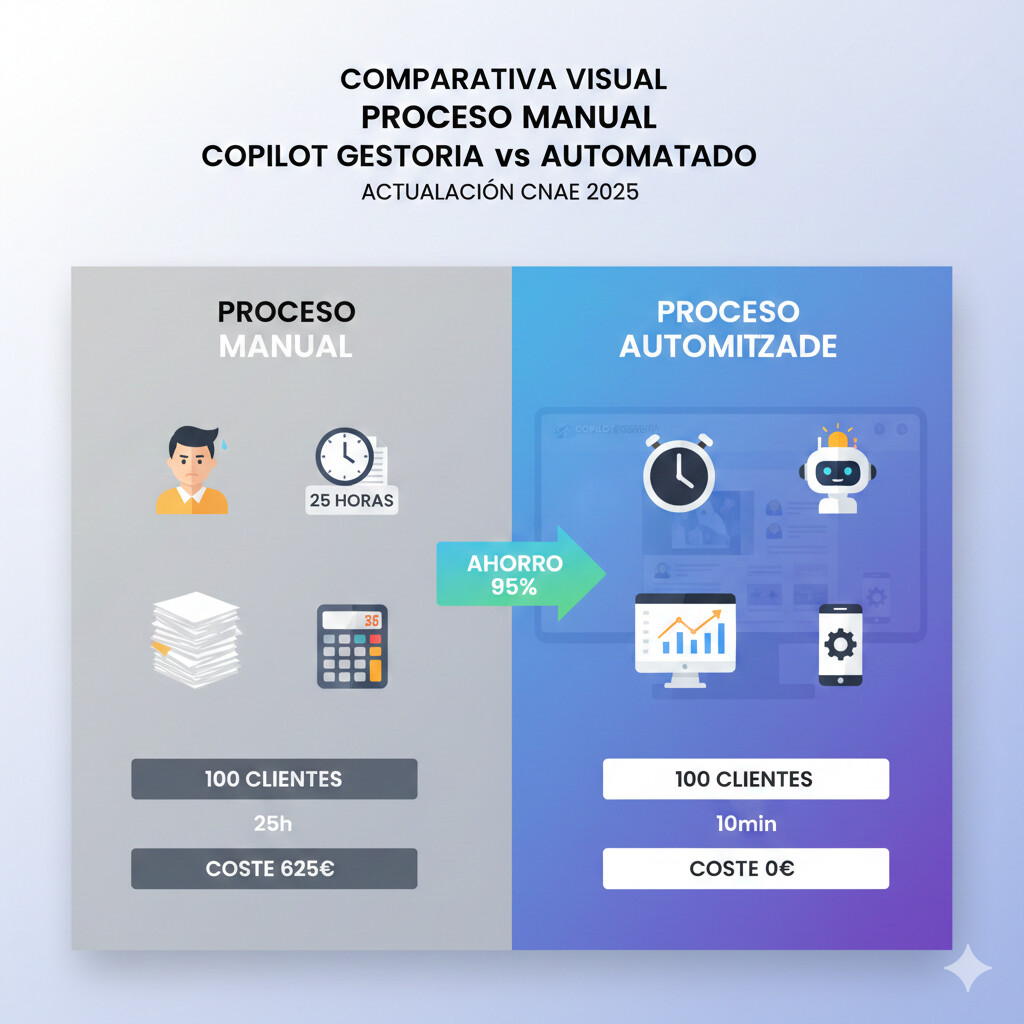 Comparativa visual proceso manual vs automatizado COPILOT GESTORIA: proceso manual 25 horas, automatizado 10 minutos, ahorro 95%, interfaz dashboard mostrando actualización masiva CNAE clientes
