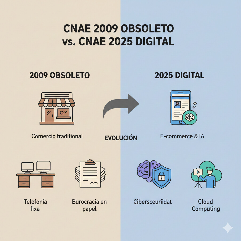 Infográfico cambios economía española 2009-2025: auge comercio electrónico, inteligencia artificial, ciberseguridad, marketplaces, influencers, servicios intermediación plataformas digitales