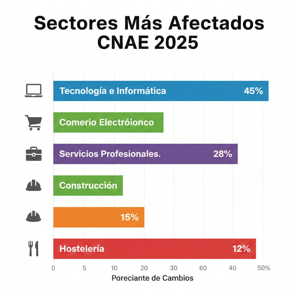 Gráfico barras 5 sectores más afectados CNAE 2025: tecnología 45% cambios, comercio electrónico 38%, servicios profesionales 28%, construcción 15%, hostelería 12%, con iconos representativos cada sector