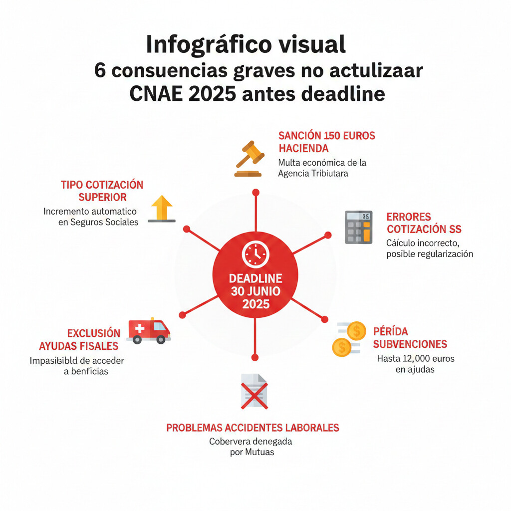 Infográfico 6 consecuencias graves no actualizar CNAE 2025: sanción 150 euros Hacienda, errores cotización Seguridad Social, pérdida subvenciones hasta 12,000 euros, problemas accidentes laborales cobertura denegada, exclusión ayudas fiscales, tipo cotización superior automático