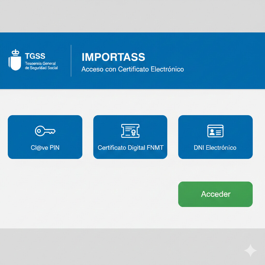 Screenshot paso 1 IMPORTASS: pantalla acceso plataforma Seguridad Social con 3 opciones identificación Clave PIN, certificado digital FNMT, DNI electrónico, botón acceder destacado