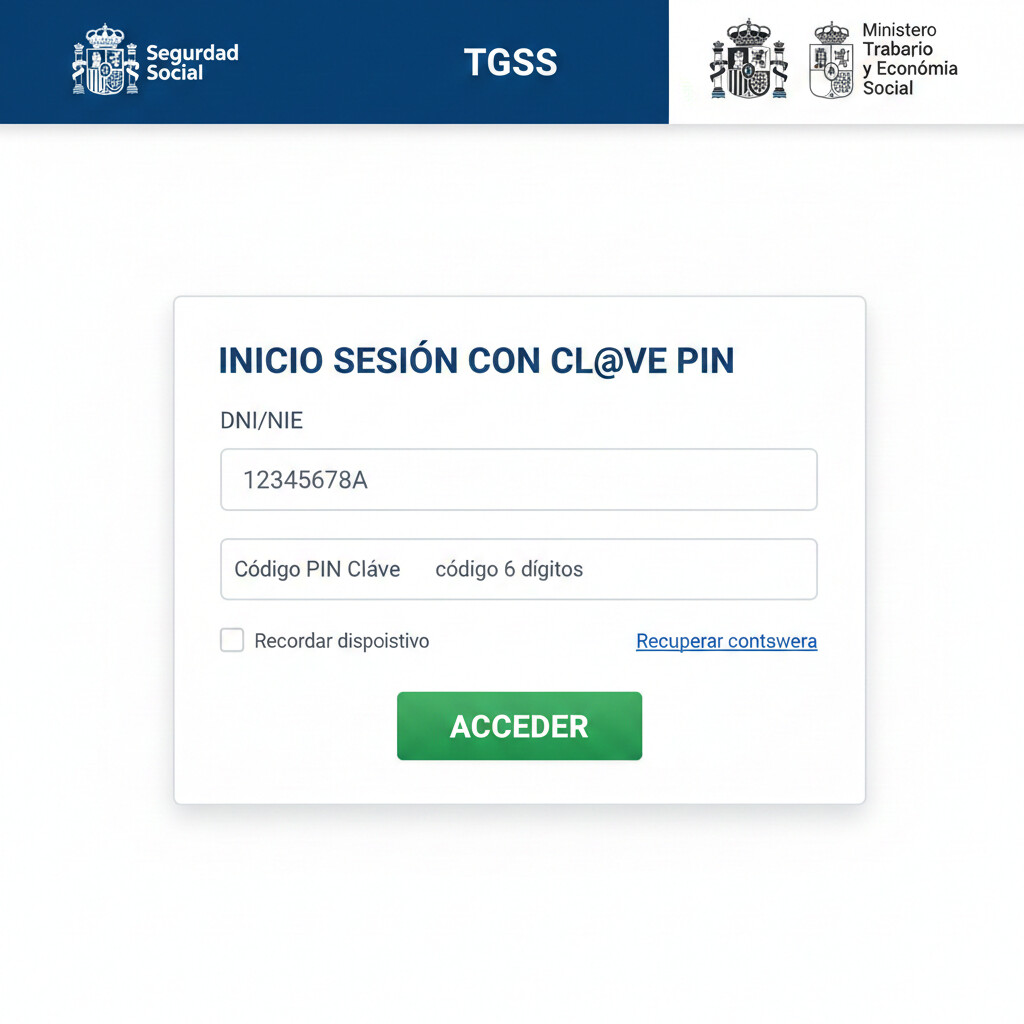 Screenshot paso 2 IMPORTASS: pantalla inicio sesión con campos DNI/NIE, código PIN Cl@ve, botón acceder, enlace recuperar contraseña, logos Seguridad Social