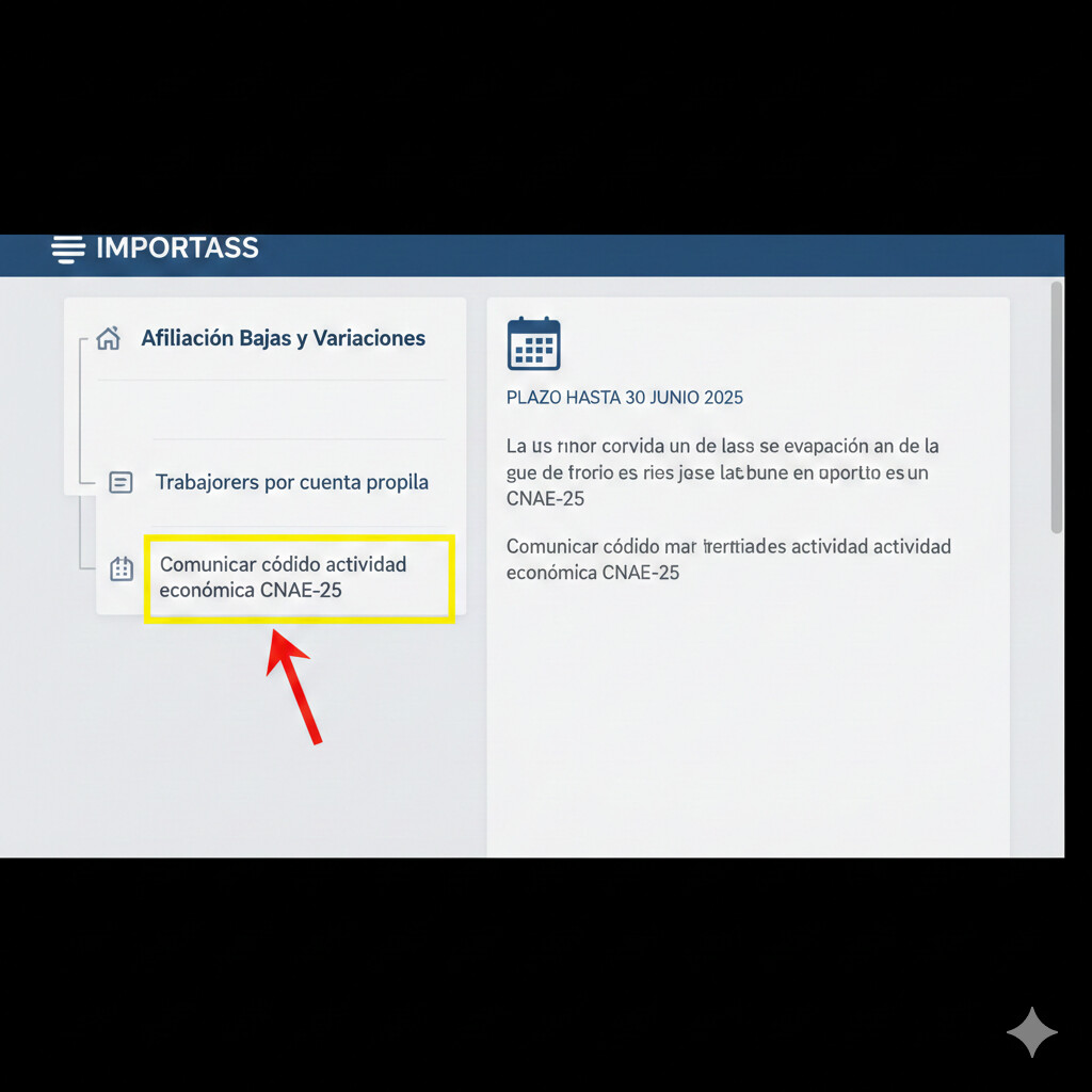 Screenshot paso 3 IMPORTASS: menú navegación con opción Afiliación bajas variaciones, submenu trabajadores cuenta propia, servicio comunicar CNAE 25 destacado con flecha roja