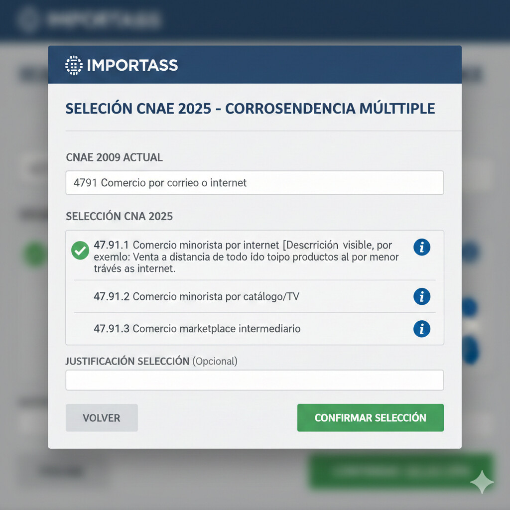 Screenshot paso 5 IMPORTASS: formulario selección CNAE 2025 con lista desplegable mostrando múltiples opciones, descripciones completas, botones información, campo justificación opcional, botón confirmar destacado