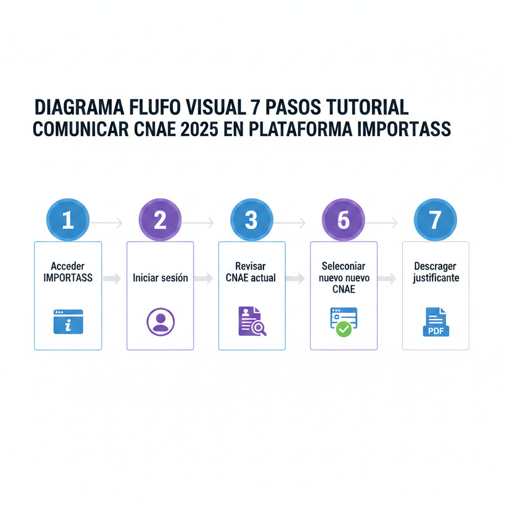 Tutorial completo 7 pasos comunicar CNAE 2025 en IMPORTASS: acceso plataforma, inicio sesión, navegación menú, revisión CNAE actual, selección nuevo código, confirmación cambios, descarga justificante