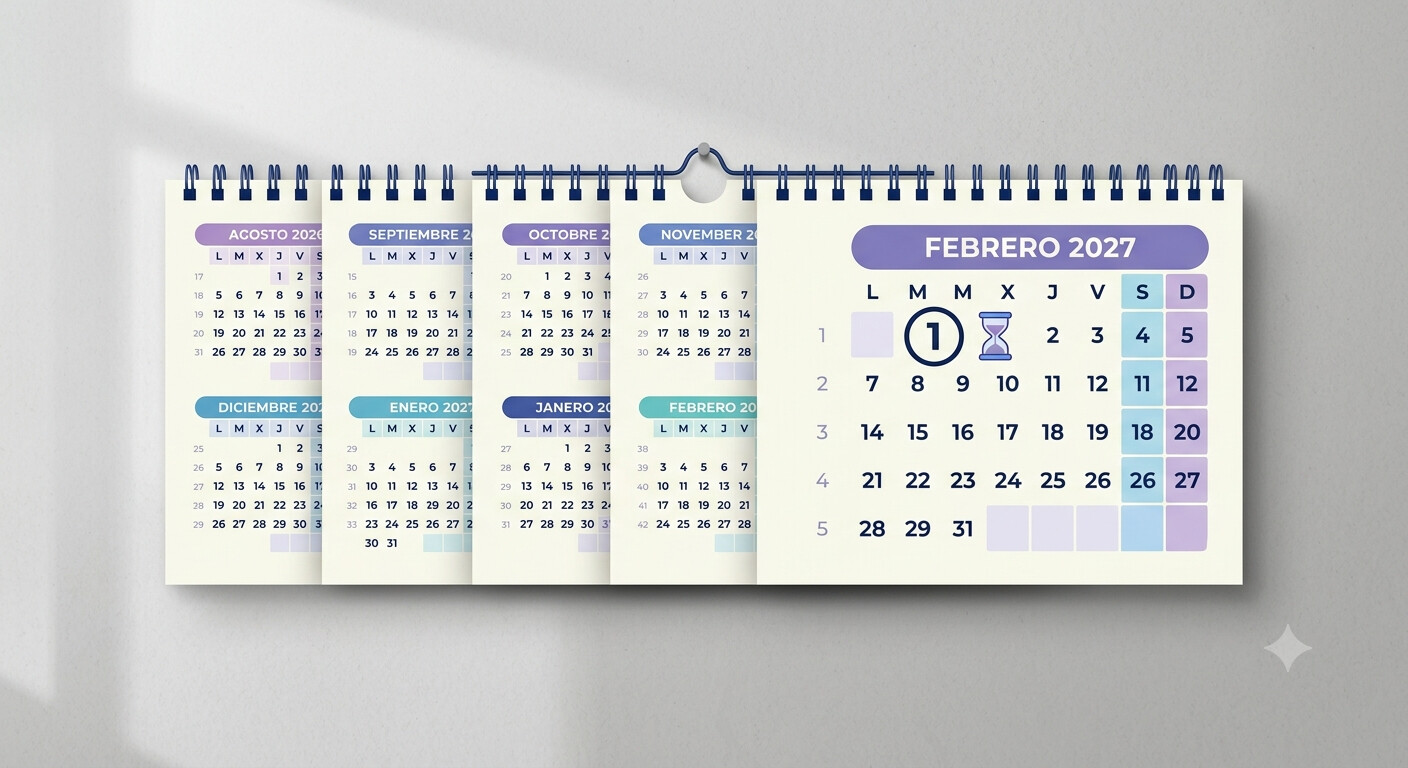 Calendario que marca el plazo desde el 1 de agosto de 2026 hasta el 1 de febrero de 2027 para comunicar el código CNO de la plantilla