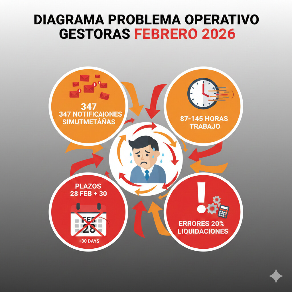 Diagrama del colapso operativo en gestorías durante febrero 2026: 200 notificaciones simultáneas, 87-145 horas trabajo manual, plazos 28 febrero y 30 días alegaciones, equipo saturado atendiendo otras obligaciones fiscales
