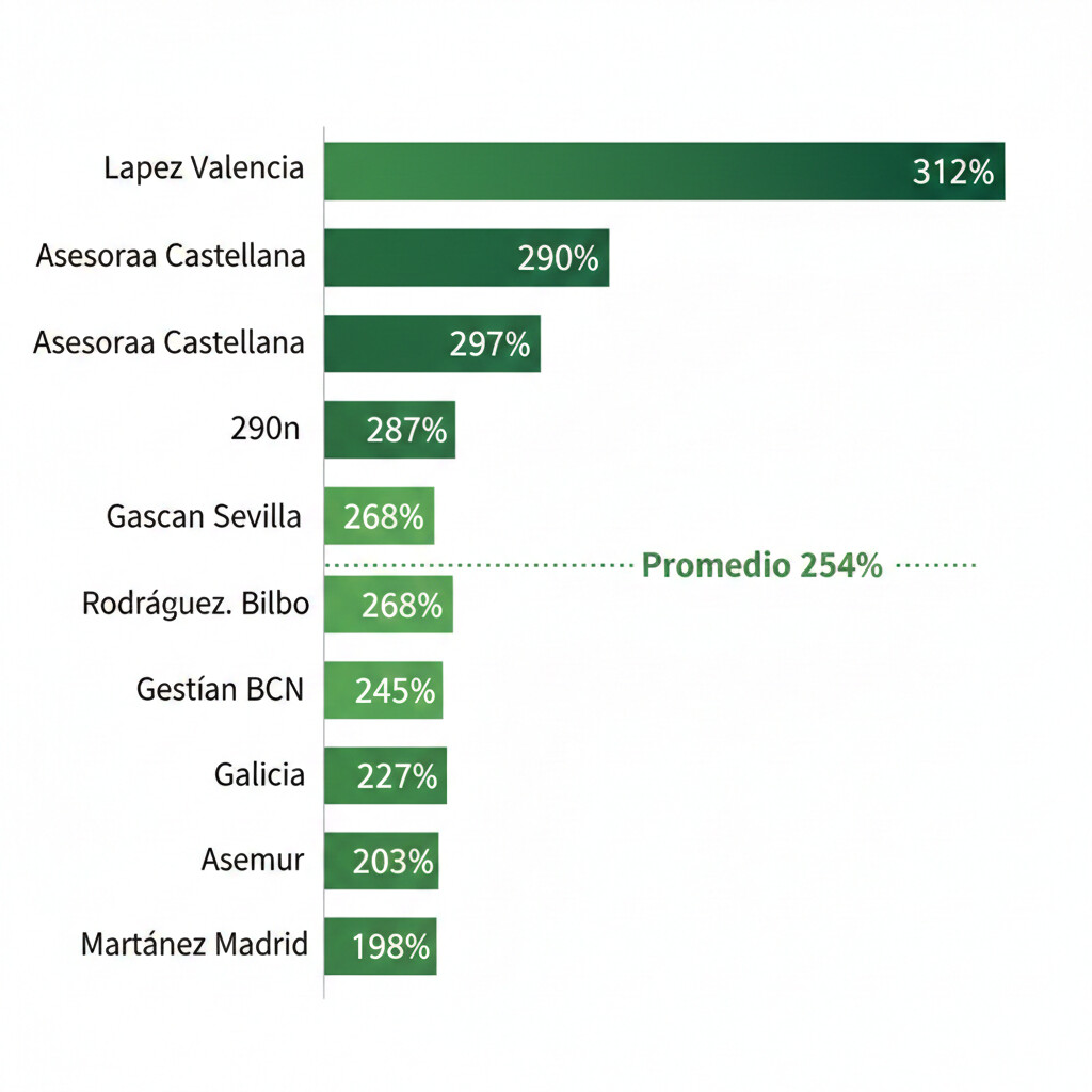 Gráfico de barras comparando el ROI de las 8 gestorías: López Valencia 312%, Gascón Sevilla 287%, Asesoría Castellana 290%, Rodríguez Bilbao 268%, Gestión BCN 245%, Galicia 227%, Asemur 203%, Martínez Madrid 198%