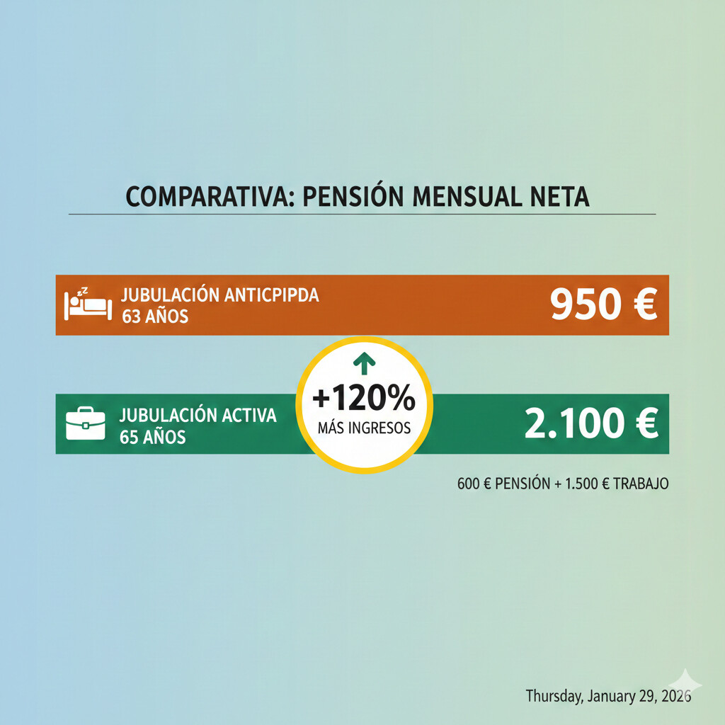 Comparativa visual entre jubilación anticipada y jubilación activa con gráficos de barras mostrando ingresos mensuales