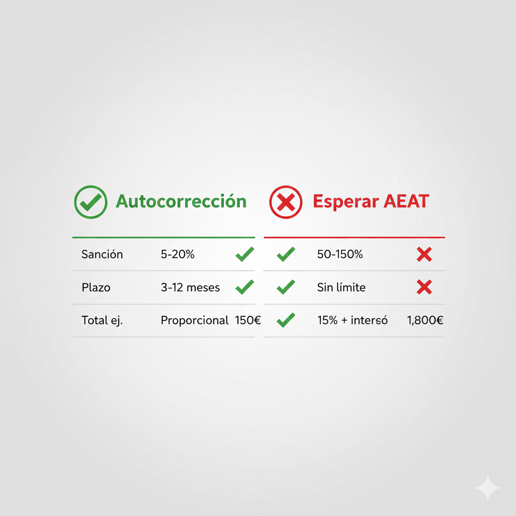 Tabla comparativa visual costes autocorrección voluntaria vs esperar requerimiento AEAT modelo 303: escenarios 2 meses retraso, declaración negativa, error omisión 5000 euros, mostrando recargos, multas, sanciones, reducción pronto pago, conclusión ahorro 90 por ciento con autocorrección