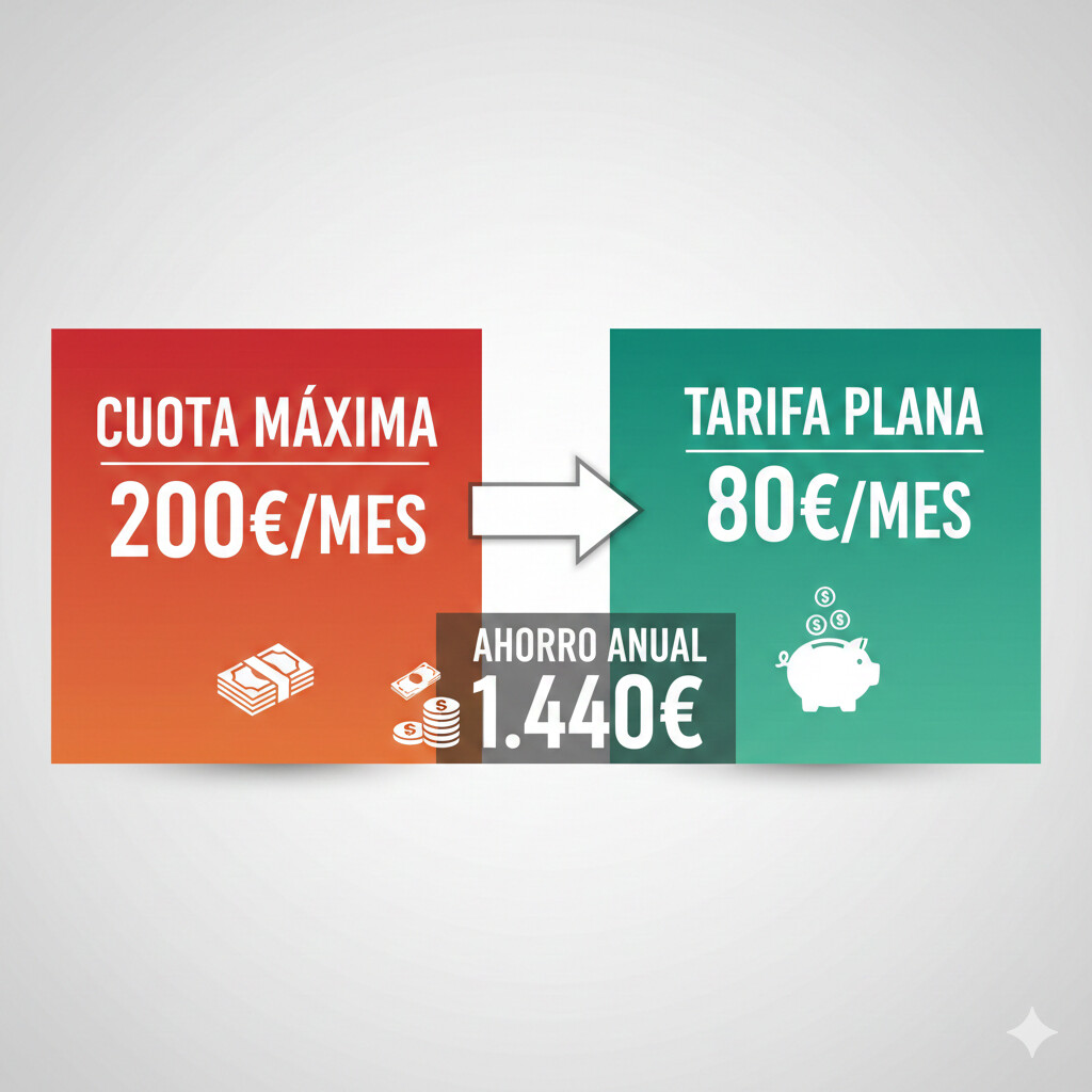 Comparativa visual cuota mínima 200€ vs tarifa plana 80€ autónomos 2025 con cálculo ahorro anual