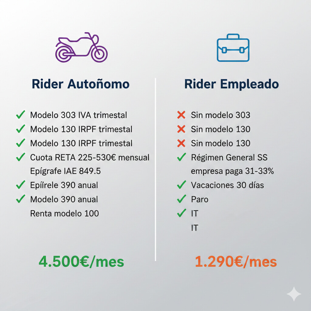 Infografía comparativa de obligaciones fiscales de un rider autónomo versus rider empleado: modelos AEAT, cotizaciones, derechos sociales y diferencias de ingresos mensuales