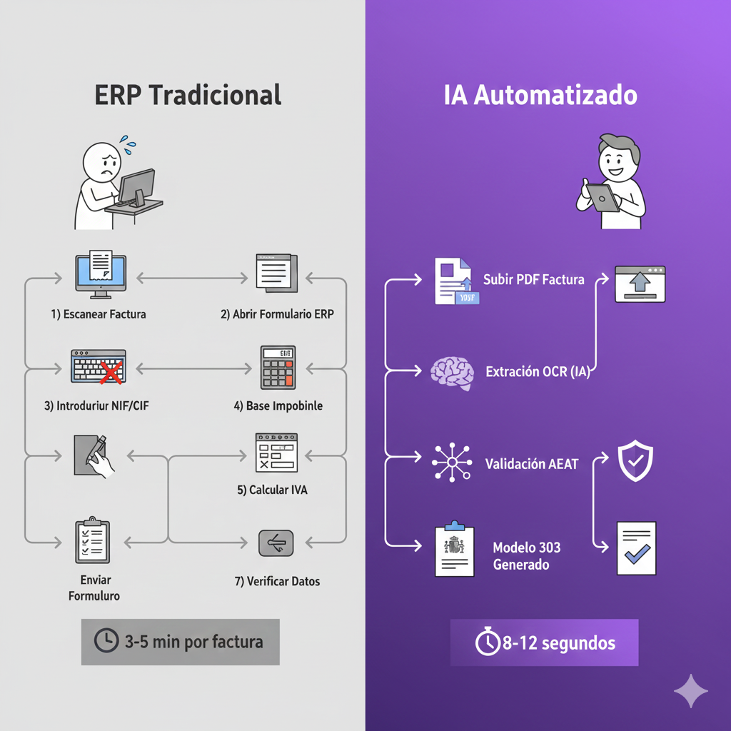 Diagrama comparativo del flujo de trabajo: entrada manual en ERP tradicional versus procesamiento automático con IA