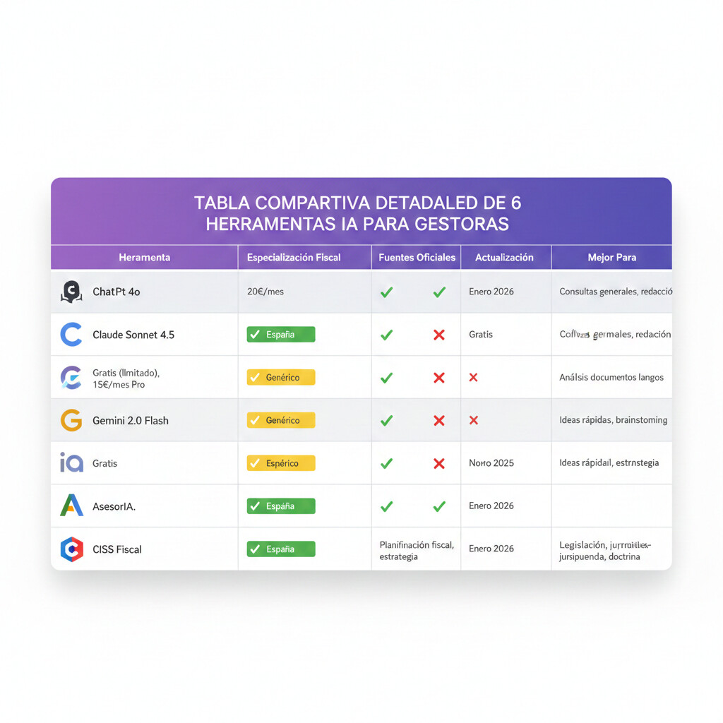 Tabla comparativa detallada de ChatGPT 4o, IA especializada, Gemini 2.0 Flash, AI Consultas, AsesorIA y CISS Fiscal con columnas de precio, especialización fiscal, fuentes oficiales, actualización y casos de uso