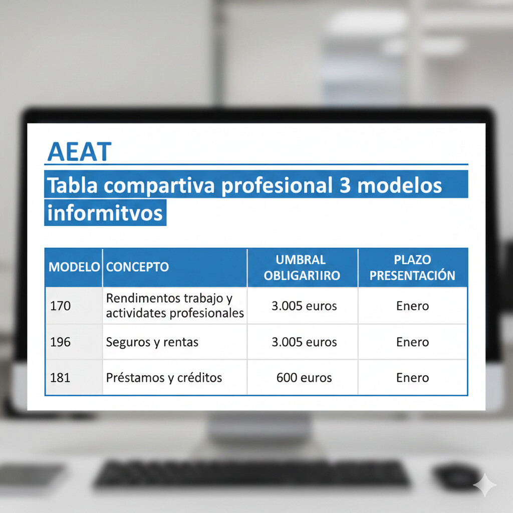 Diagrama infográfico comparativo de los 4 modelos tributarios AEAT (170, 196, 181, 174) con tabla visual mostrando periodicidad, obligados y medios de pago