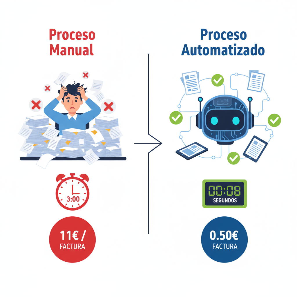 Comparativa visual procesamiento facturas manual vs automatizado con IA: tiempo 3 horas vs 8 segundos, coste 11€/factura vs 0.50€, errores 33% vs 5%, escalabilidad lineal vs exponencial