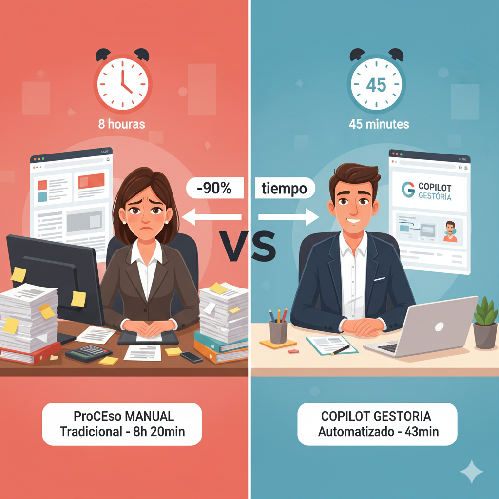 Infografía comparativa mostrando proceso manual con gestor estresado rodeado de facturas papel consumiendo 8 horas versus proceso automatizado con profesional relajado usando laptop IA en 45 minutos