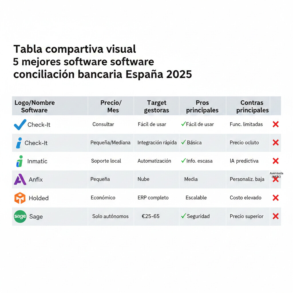 Tabla comparativa visual 5 software conciliación bancaria España: Check-It vs Inmatic vs Anfix vs Holded vs Sage - precio, features, automatización, target