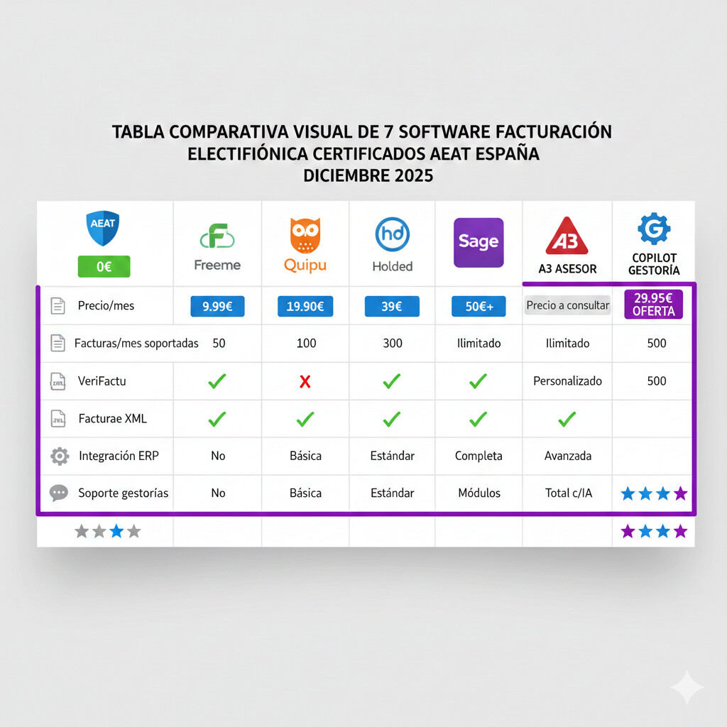 Tabla comparativa visual de 7 software facturación electrónica certificados AEAT: columnas con logos, precios, features clave (VeriFactu, Facturae, integración ERP), puntuación estrellas, destinado a autónomos, PYMEs, y empresas grandes