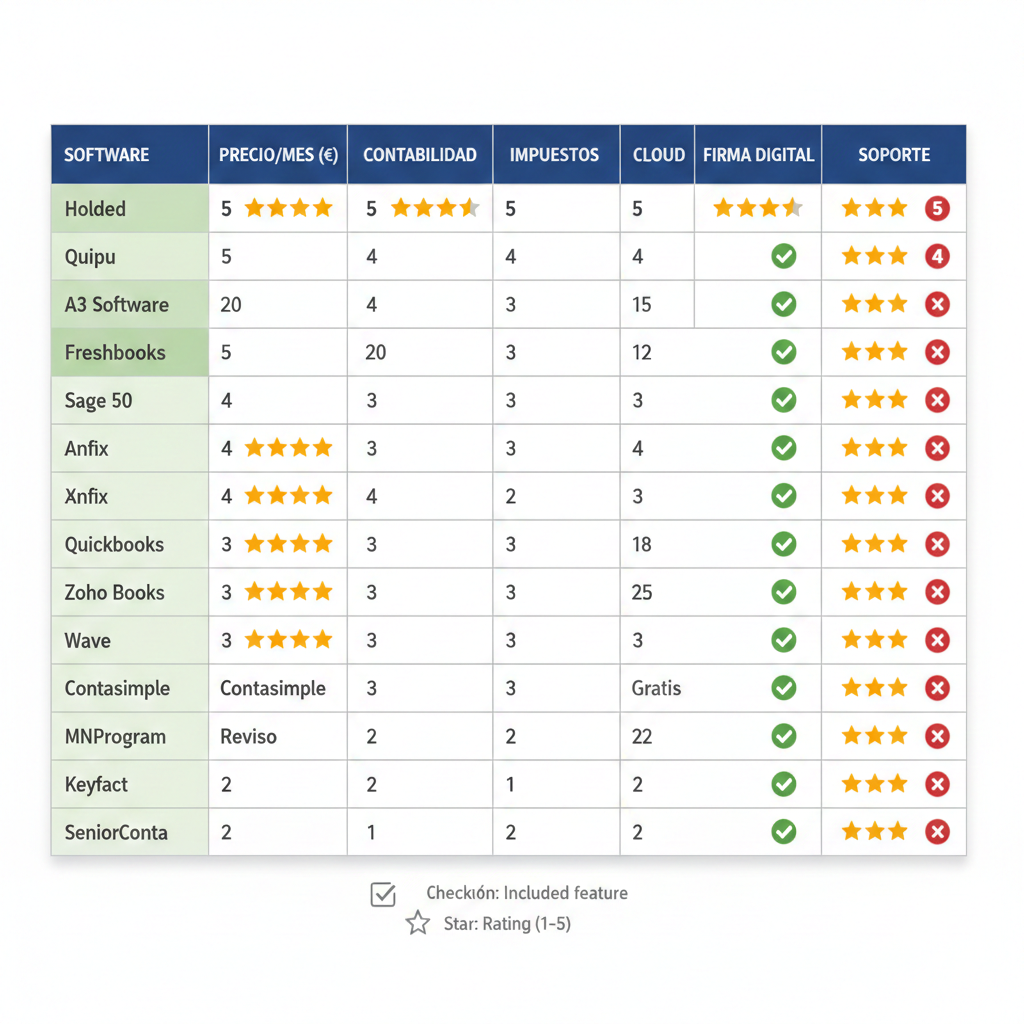 Tabla comparativa completa de 15 herramientas software para gestorías: Holded, Quipu, A3, Sage, facturación, firma, cloud