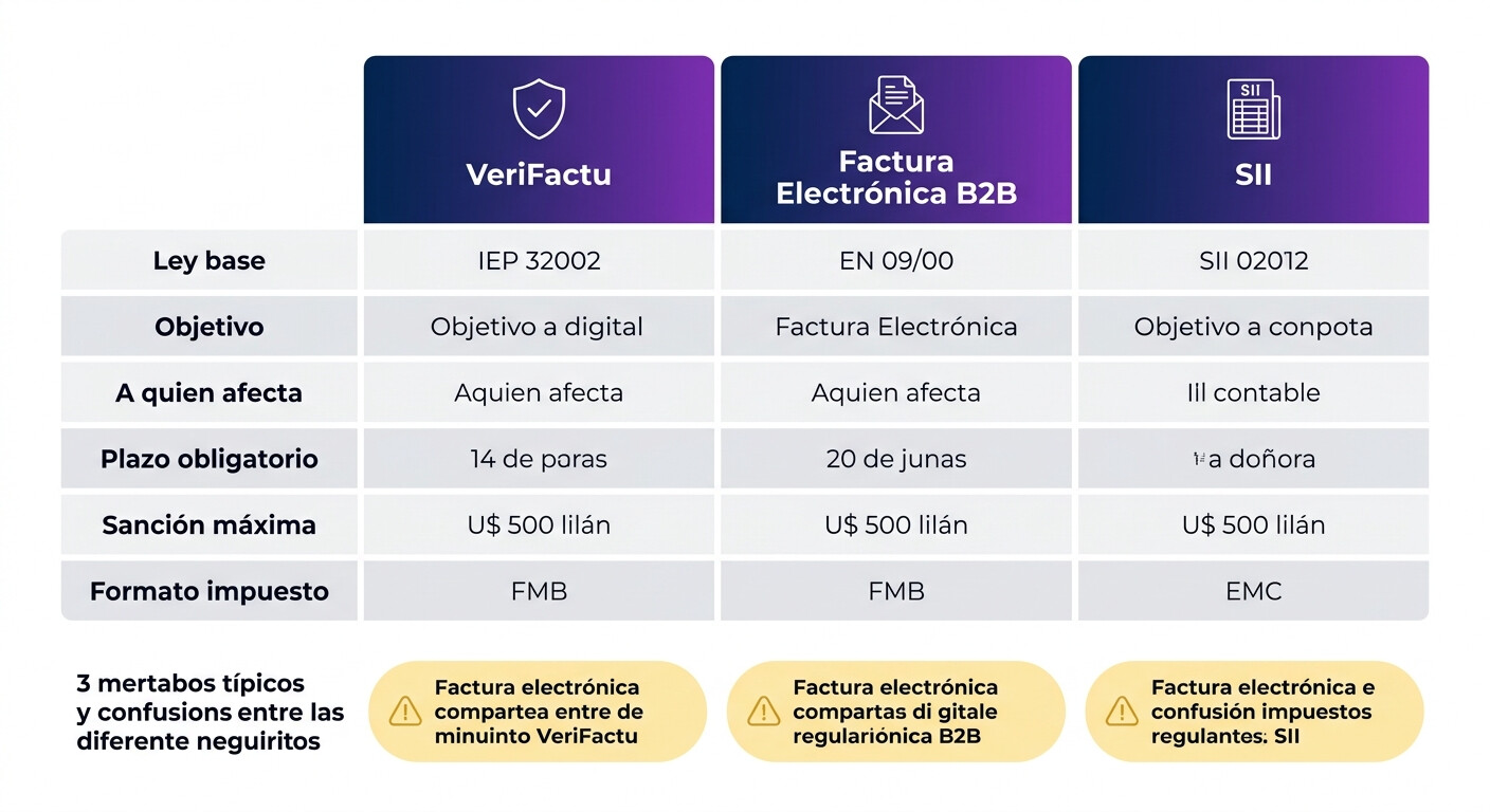 Tabla comparativa VeriFactu versus factura electrónica B2B versus SII para gestorías: diferencias en plazos, formatos, sanciones y obligados