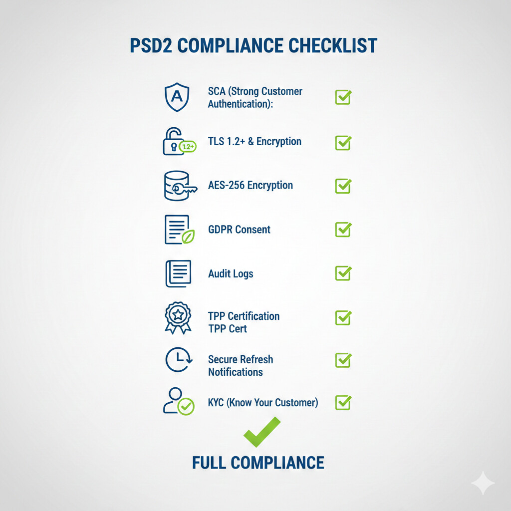 Infografía checklist compliance PSD2 con 10 puntos de verificación: doble verificación de seguridad, conexión cifrada de nivel bancario, encriptación AES-256, RGPD, audit logs, certificación empresa autorizada, diseño profesional con iconos de seguridad