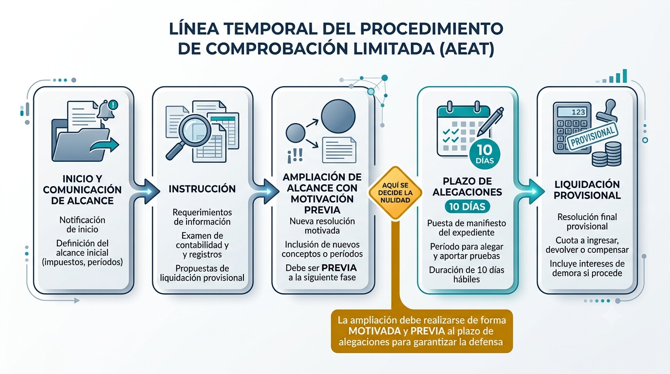 Infografía de las fases del procedimiento de comprobación limitada: inicio, propuesta, ampliación de alcance con motivación previa, alegaciones de 10 días y liquidación, marcando el punto de nulidad