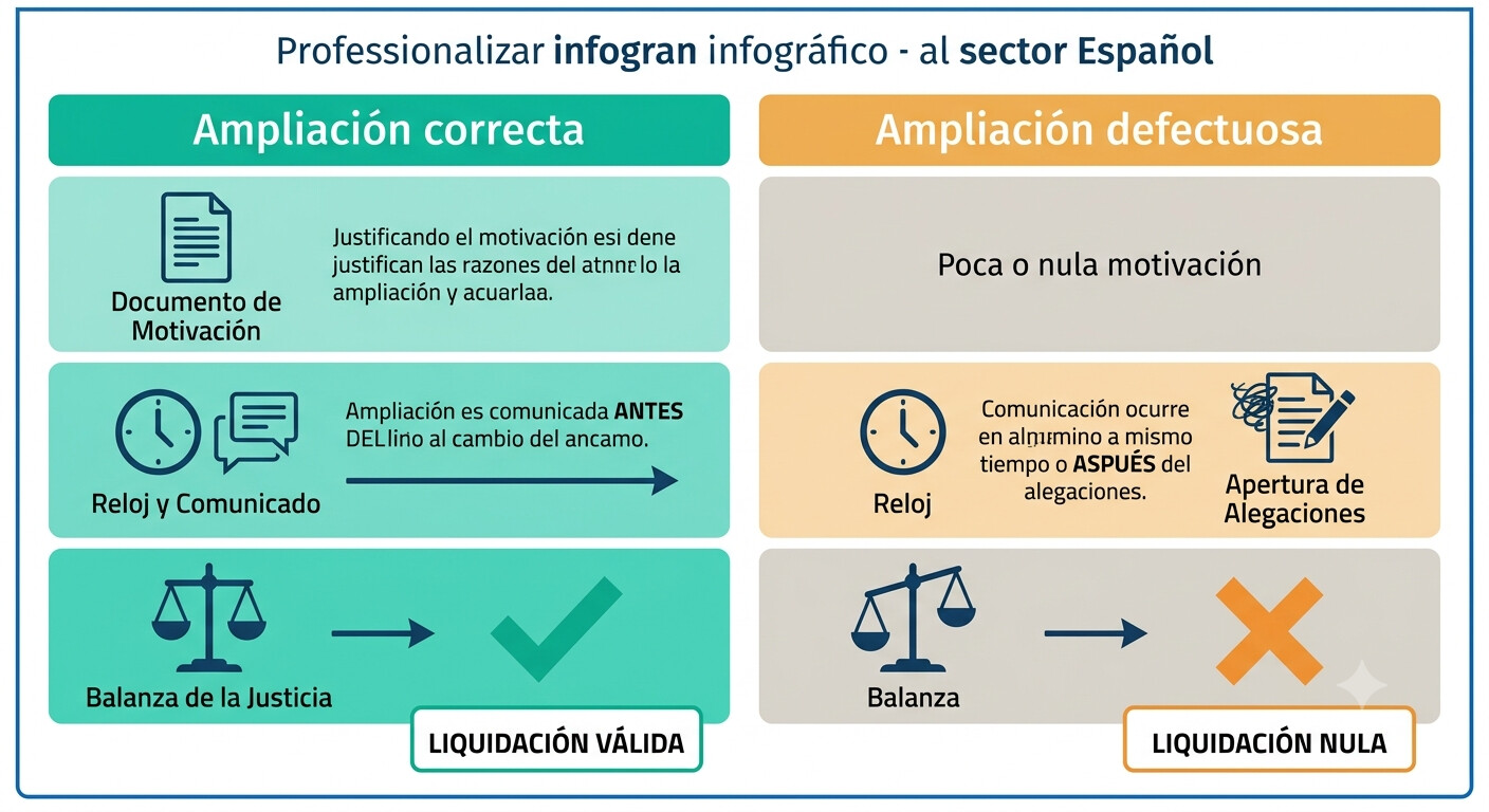 Diagrama comparativo entre la ampliación de alcance bien motivada y previa frente a la ampliación simultánea o no motivada que conduce a la nulidad de la liquidación